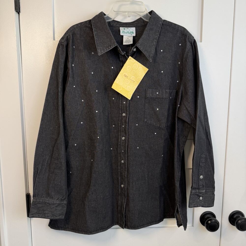 Quacker Factory Denim Shirt Jacket Plus Size 1XL Black Rhinestones Women's New